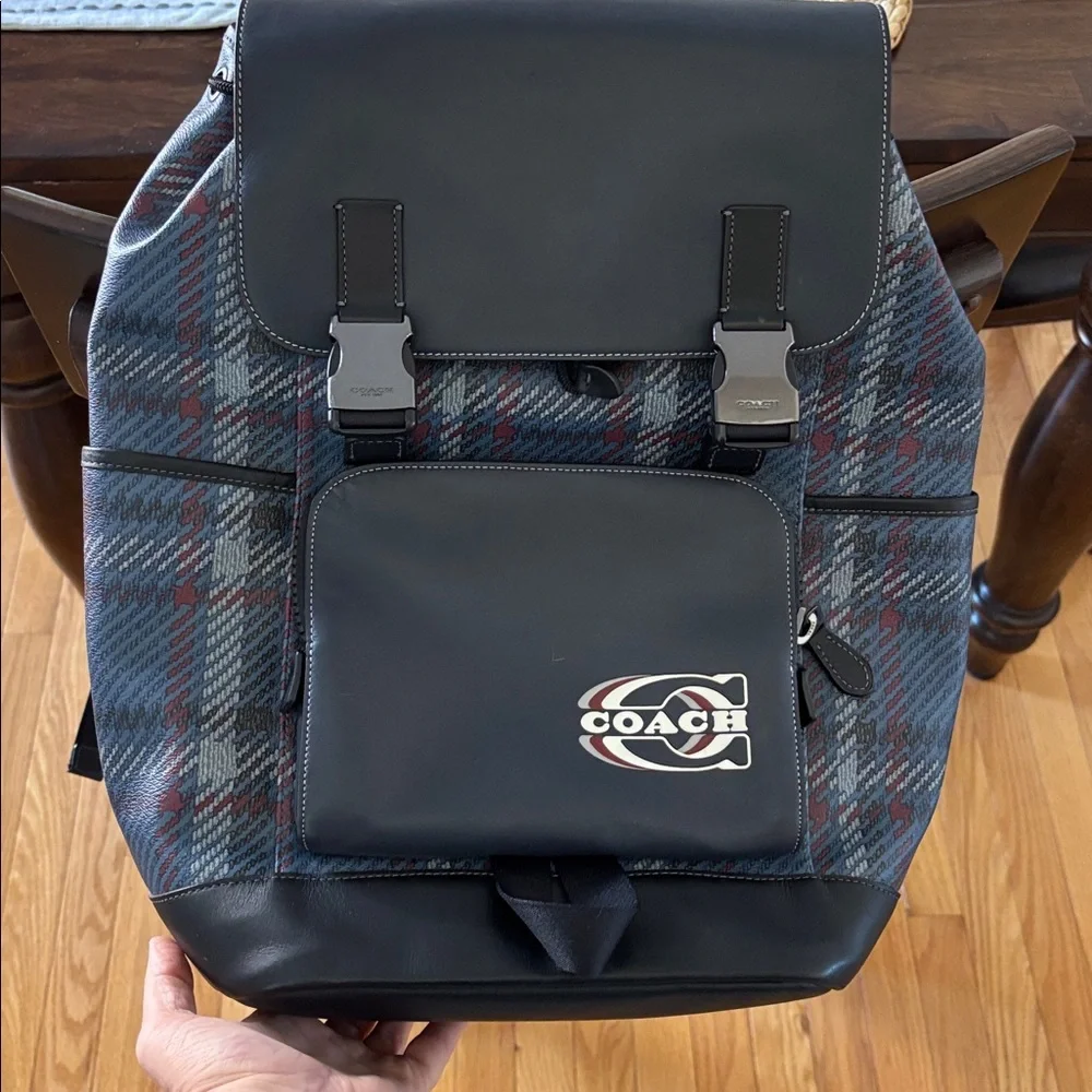 Coach Leather Backpack Blue Track Plaid Laptop Travel Carry On Bag Quiet Luxury‎